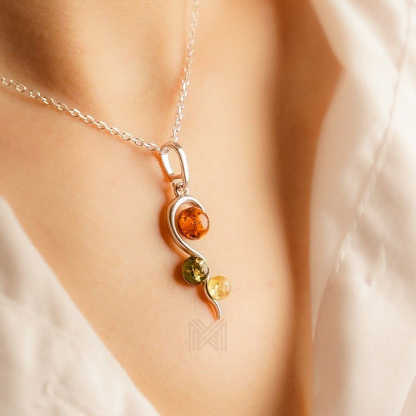 MILLENNE Multifaceted Baltic Amber Tristone Silver Pendant with 925 Sterling Silver