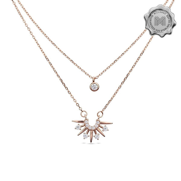 MILLENNE Millennia 2000 Two Layered Sun Rays Cubic Zirconia Rose Gold Necklace with 925 Sterling Silver