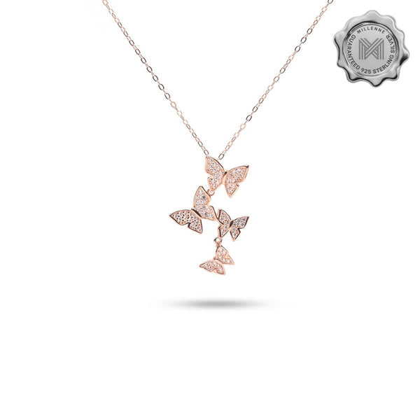 MILLENNE Millennia 2000 Fluttering Butterflies Cubic Zirconia Rose Gold Necklace with 925 Sterling Silver