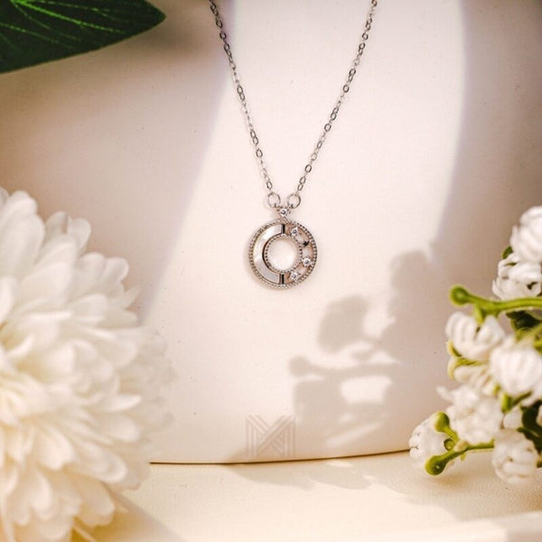 MILLENNE Made For The Night Decorated Circle Cubic Zirconia Rhodium Necklace with 925 Sterling Silver