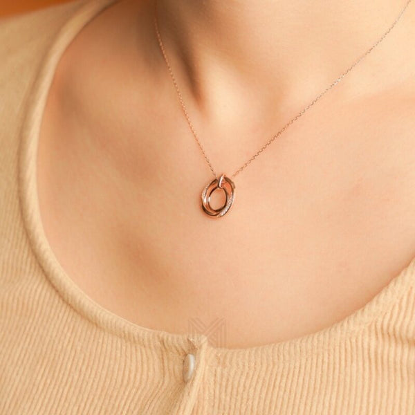 MILLENNE Made For The Night Layered Circles Cubic Zirconia Rose Gold Necklace with 925 Sterling Silver