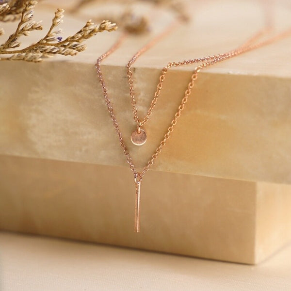 MILLENNE Minimal Thin Vertical Bar Rose Gold Necklace with 925 Sterling Silver
