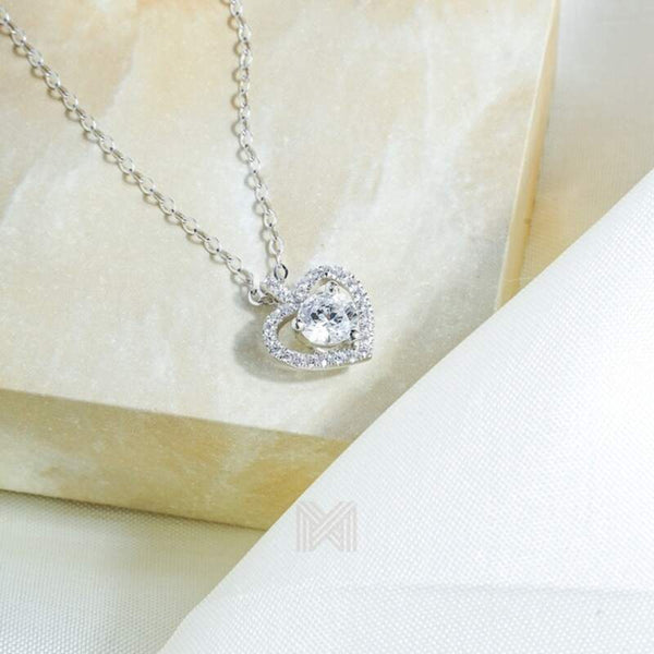 MILLENNE Made For The Night Heart Studded Cubic Zirconia White Gold Necklace with 925 Sterling Silver