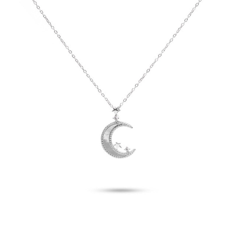 MILLENNE Match The Stars Mother of Pearls Moon and Stars White Gold Necklace with 925 Sterling Silver