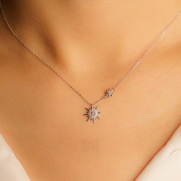 MILLENNE Match The Stars Sun Is A Star Studded Cubic Zirconia White Gold Necklace with 925 Sterling Silver