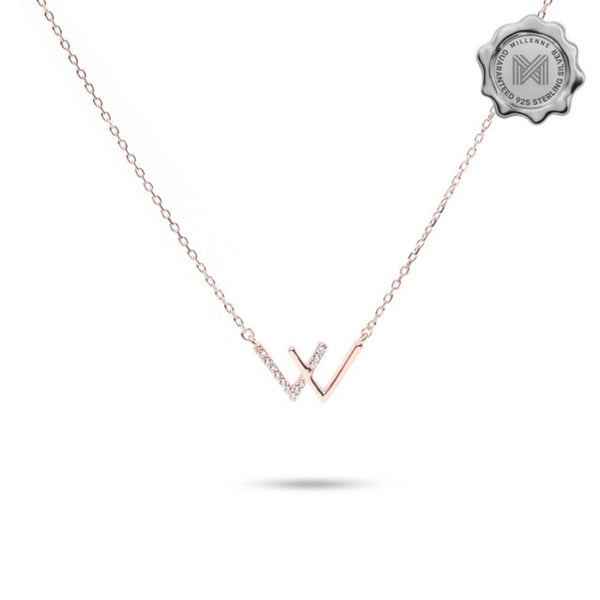 MILLENNE Minimal Studded W Cubic Zirconia Rose Gold Necklace with 925 Sterling Silver