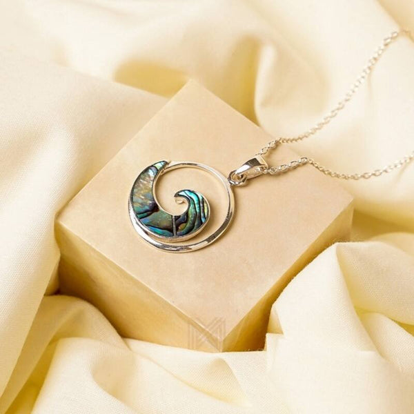 MILLENNE Multifaceted Abalone Shell Ocean Wave White Gold Pendant with 925 Sterling Silver
