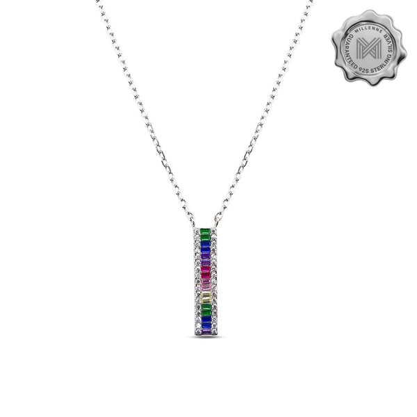 MILLENNE Multifaceted Rainbow Bar Studded Cubic Zirconia White Gold Necklace with 925 Sterling Silver