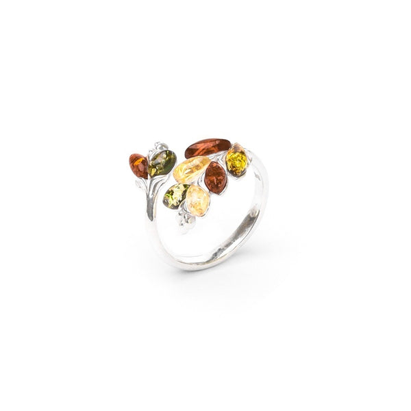 MILLENNE Multifaceted Baltic Amber Graduated Leaf Silver Adjustable Ring with 925 Sterling Silver
