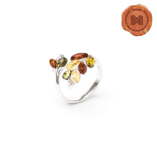 MILLENNE Multifaceted Baltic Amber Graduated Leaf Silver Adjustable Ring with 925 Sterling Silver