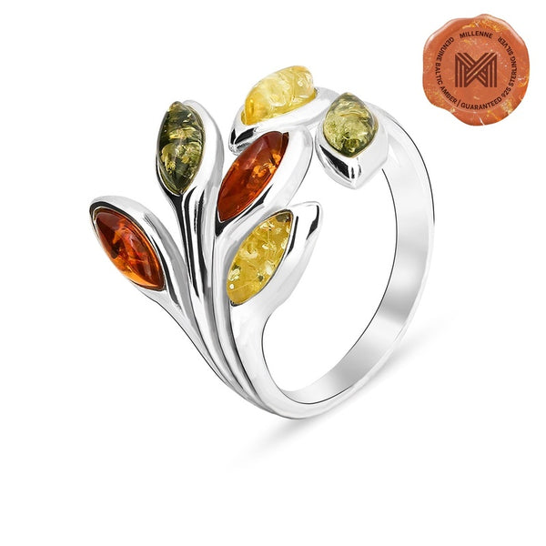 MILLENNE Multifaceted Baltic Amber Branching Leaves Silver Ring with 925 Sterling Silver