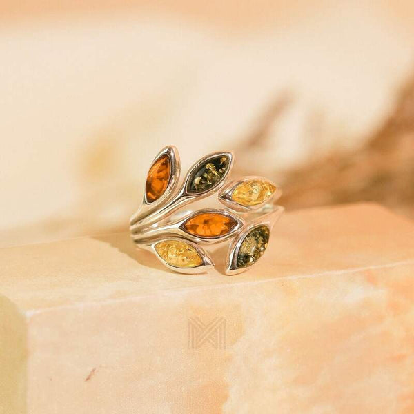 MILLENNE Multifaceted Baltic Amber Branching Leaves Silver Ring with 925 Sterling Silver