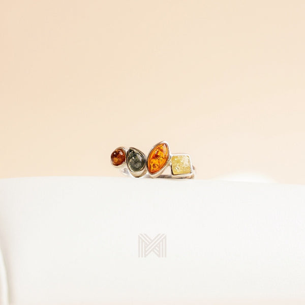 MILLENNE Multifaceted Baltic Amber Rhytymic Silver Ring with 925 Sterling Silver