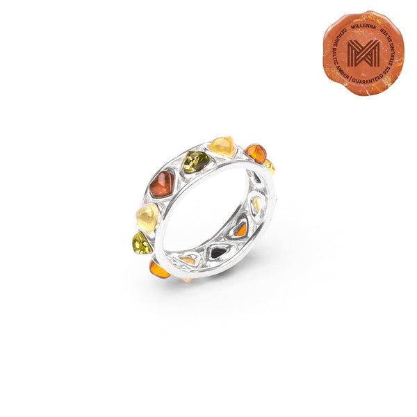 MILLENNE Multifaceted Baltic Amber Multi-Tone Eternity Silver Ring with 925 Sterling Silver