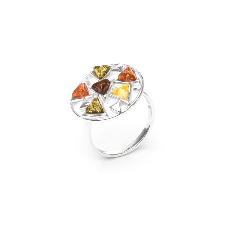 MILLENNE Multifaceted Baltic Amber Multi-Tone Disc Silver Ring with 925 Sterling Silver