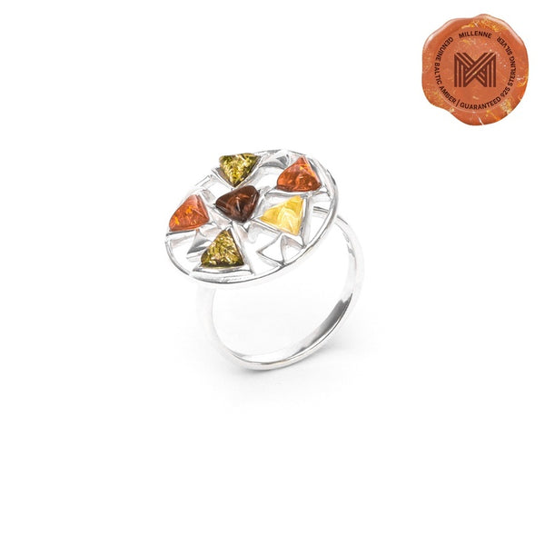 MILLENNE Multifaceted Baltic Amber Multi-Tone Disc Silver Ring with 925 Sterling Silver