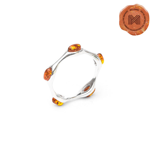 MILLENNE Multifaceted Baltic Amber Monotone Wavy Silver Ring with 925 Sterling Silver