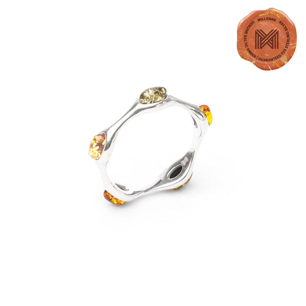MILLENNE Multifaceted Baltic Amber Multi-Tone Wavy Silver Ring with 925 Sterling Silver