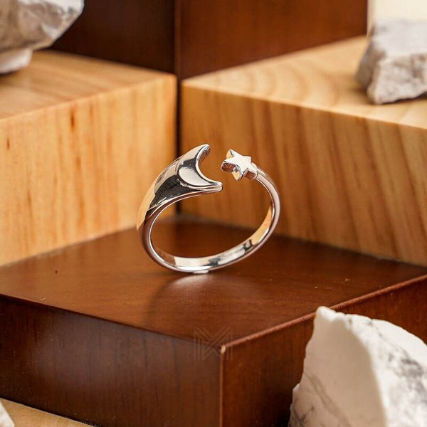 MILLENNE Match The Stars Cresent Moon and Star Silver Adjustable Ring with 925 Sterling Silver