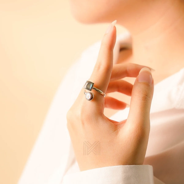 MILLENNE Minimal Abalone Shell Featuring Circle and Square Silver Adjustable Ring with 925 Sterling Silver
