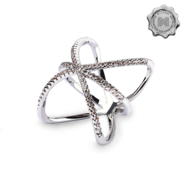 MILLENNE Made For The Night Long Curved Cubic Zirconia Rhodium Ring with 925 Sterling Silver