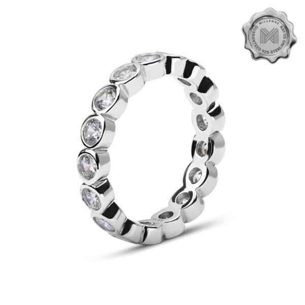 MILLENNE Made For The Night Bezel Set Circular Crustal Cubic Zirconia Rhodium Ring with 925 Sterling Silver
