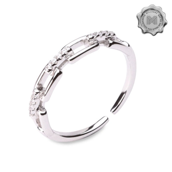 MILLENNE Millennia 2000 Studded Chain Link Cubic Zirconia White Gold Ring with 925 Sterling Silver