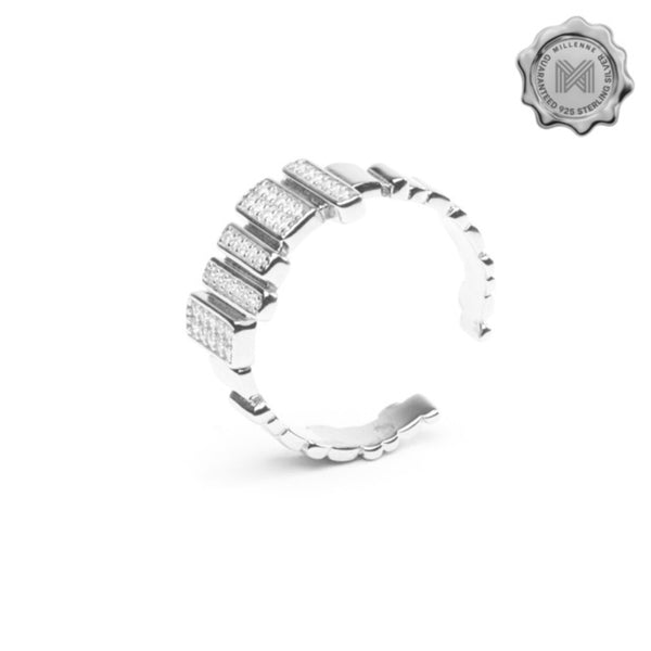 MILLENNE Made For The Night Wavy Bars Studded Cubic Zirconia White Gold Adjustable Ring with 925 Sterling Silver