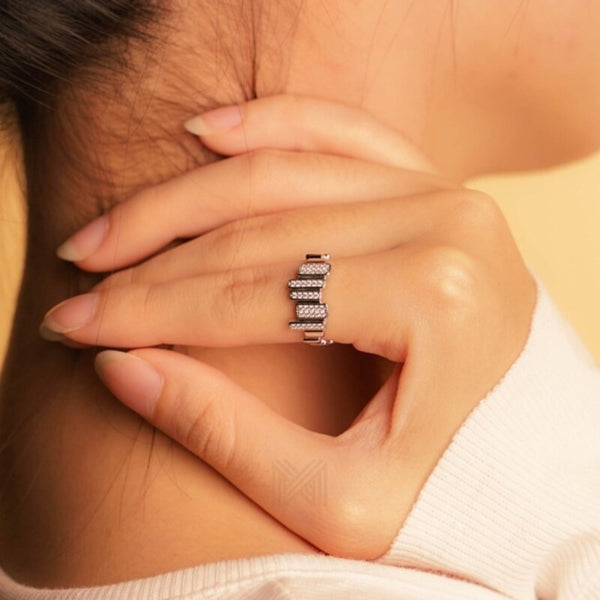 MILLENNE Made For The Night Wavy Bars Studded Cubic Zirconia White Gold Adjustable Ring with 925 Sterling Silver