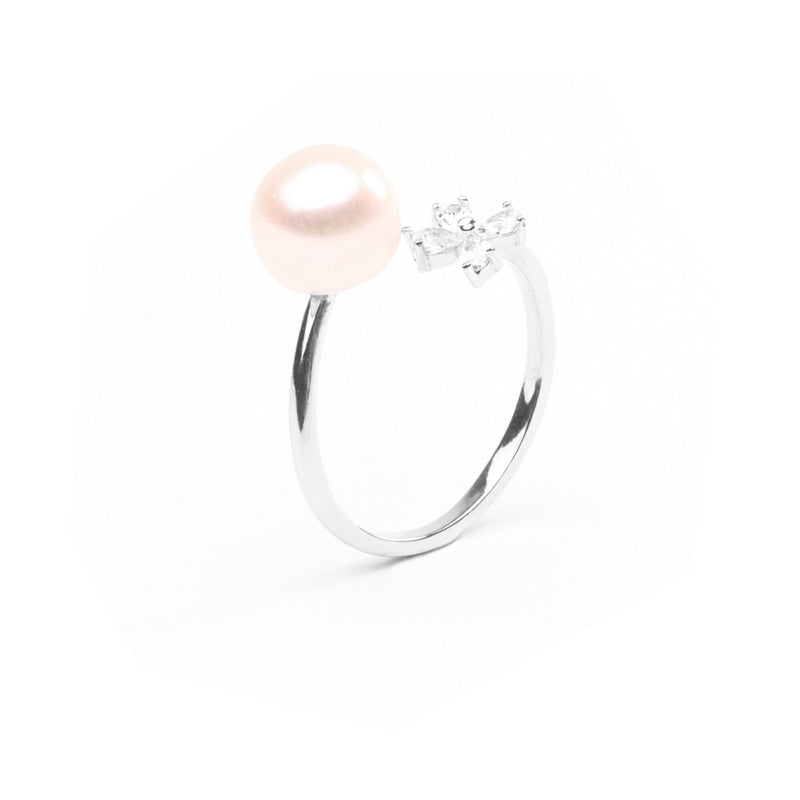 MILLENNE Multifaceted Pearl and 4 Leaf Clover White Gold Adjustable Ring with 925 Sterling Silver