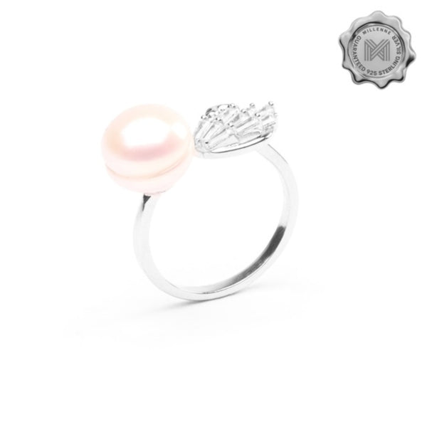 MILLENNE Multifaceted Pearl and Swan White Gold Adjustable Ring with 925 Sterling Silver