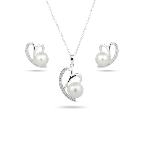 MILLENNE Made For The Night Freshwater Pearl Heart Cubic Zirconia Silver Necklace and Earrings Set with 925 Sterling Silver
