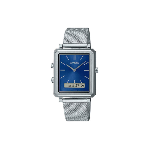 Casio Men's Analog-Digital Watch MTP-B205M-2E Blue dial with Silver Stainless Steel Mesh Band Watch for men