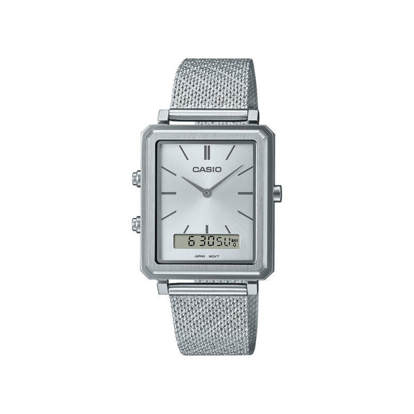 Casio Men's Analog-Digital Watch MTP-B205M-7E Silver Stainless Steel Mesh Band Watch for men
