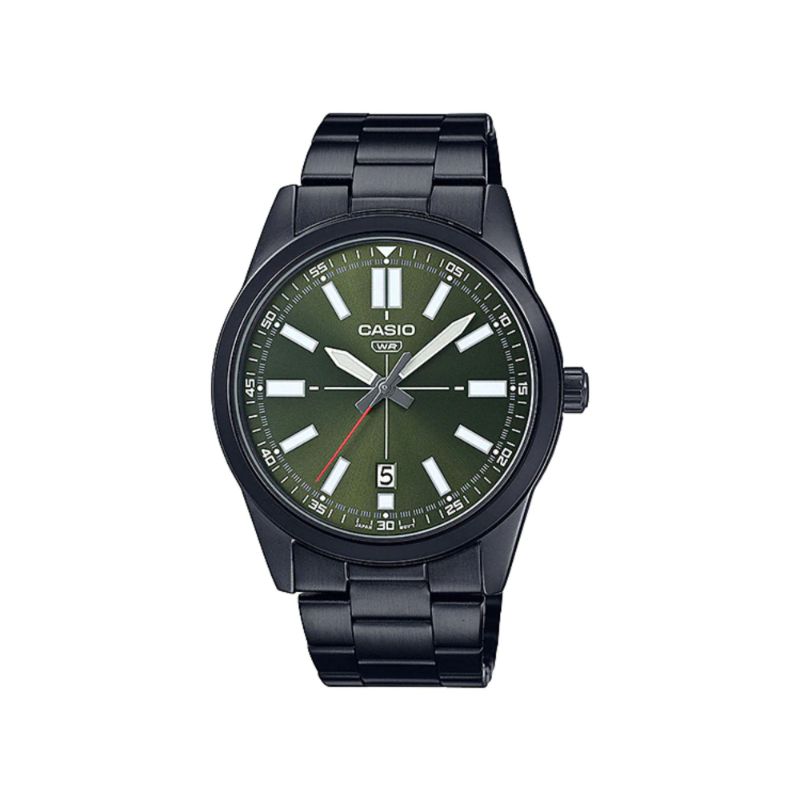 Casio Men's Analog Watch MTP-VD02B-3E Green Dial with Black Stainless Steel Watch