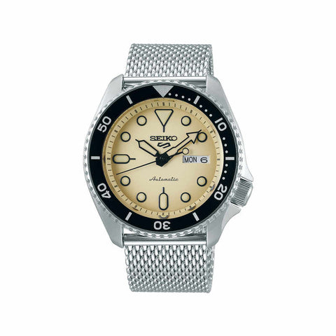 Seiko 5 Sports Superman Suits Style SRPD67K1 Men's Automatic Watch with Cream Dial and Stainless Steel Mesh Bracelet