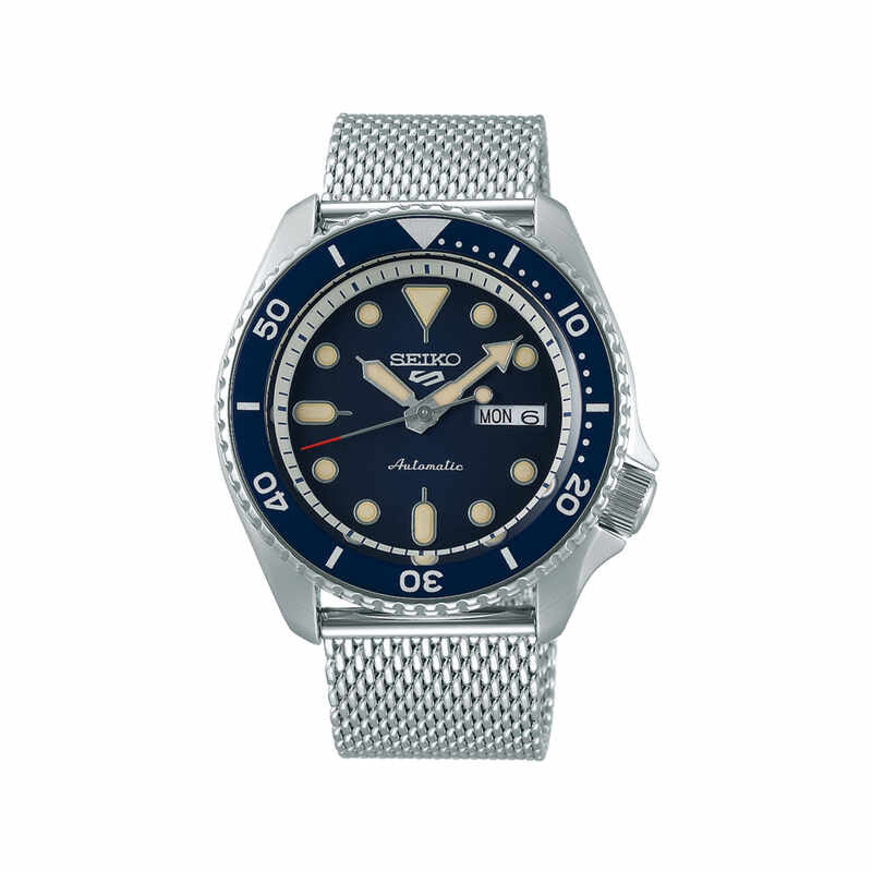 Seiko 5 Sports Superman Suits Style SRPD71K1 Men's Automatic Watch with Blue Dial and Stainless Steel Mesh Bracelet