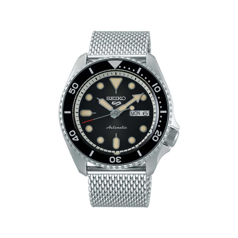 Seiko 5 Sports Superman SRPD73K1 Men's Automatic Watch with Black Dial and Silver Stainless Steel Mesh Bracelet