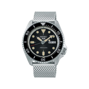 Seiko 5 Sports Superman SRPD73K1 Men's Automatic Watch with Black Dial and Silver Stainless Steel Mesh Bracelet