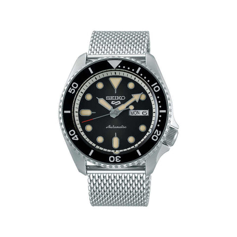 Seiko 5 Sports Superman SRPD73K1 Men's Automatic Watch with Black Dial and Silver Stainless Steel Mesh Bracelet