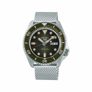 Seiko 5 Sports Superman SRPD75K1 Men's Automatic Watch with Green Dial and Silver Stainless Steel Mesh Bracelet