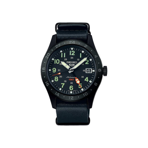 Seiko 5 Sports Field Street Style SSK025K1 Men's GMT Automatic Watch Black Calfskin Strap