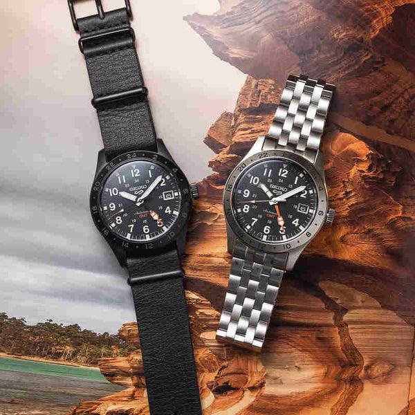 Seiko 5 Sports Field Street Style SSK025K1 Men's GMT Automatic Watch Black Calfskin Strap