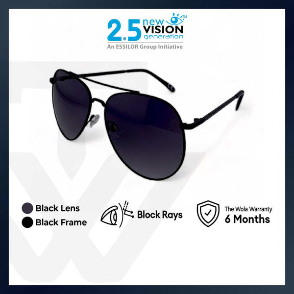 2.5 NVG by Essilor Unisex's Aviator Frame Black Metal UV Protection Sunglasses
